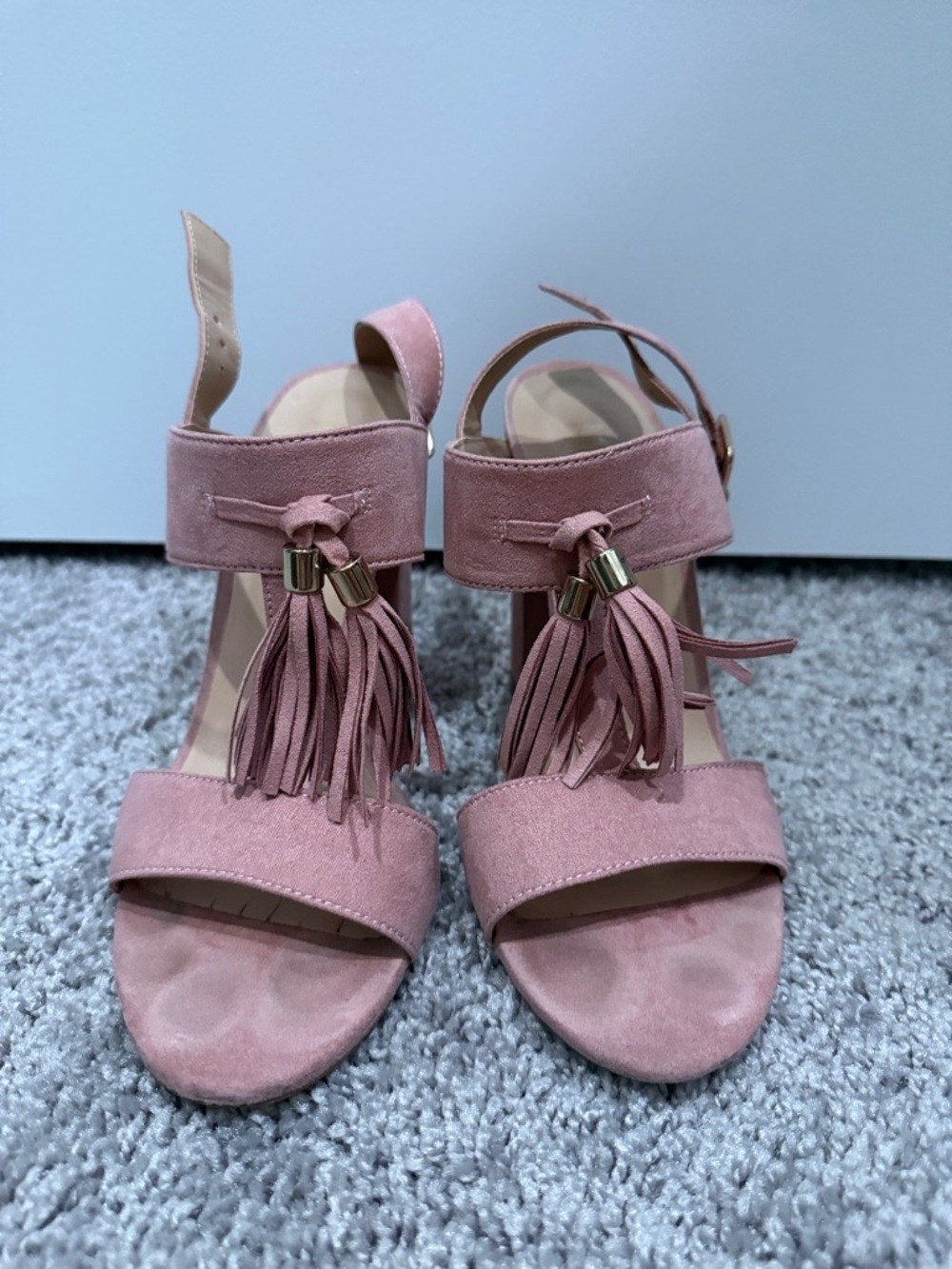 Mixx Shuz Pink Suede Tassel Block Heel Sandals